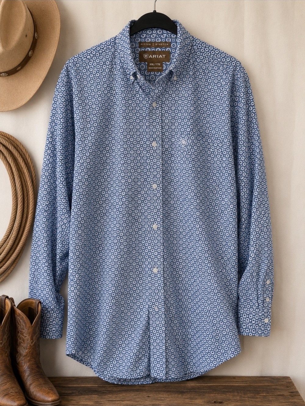 Ariat Fitted Stretch XXL Blue Floral Medallion Print Western Button Down Shirt